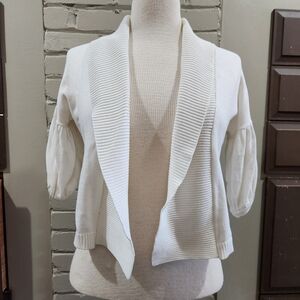 Karen Kane White Open Front Cardigan XS Puff Sleeve Shawl Collar
